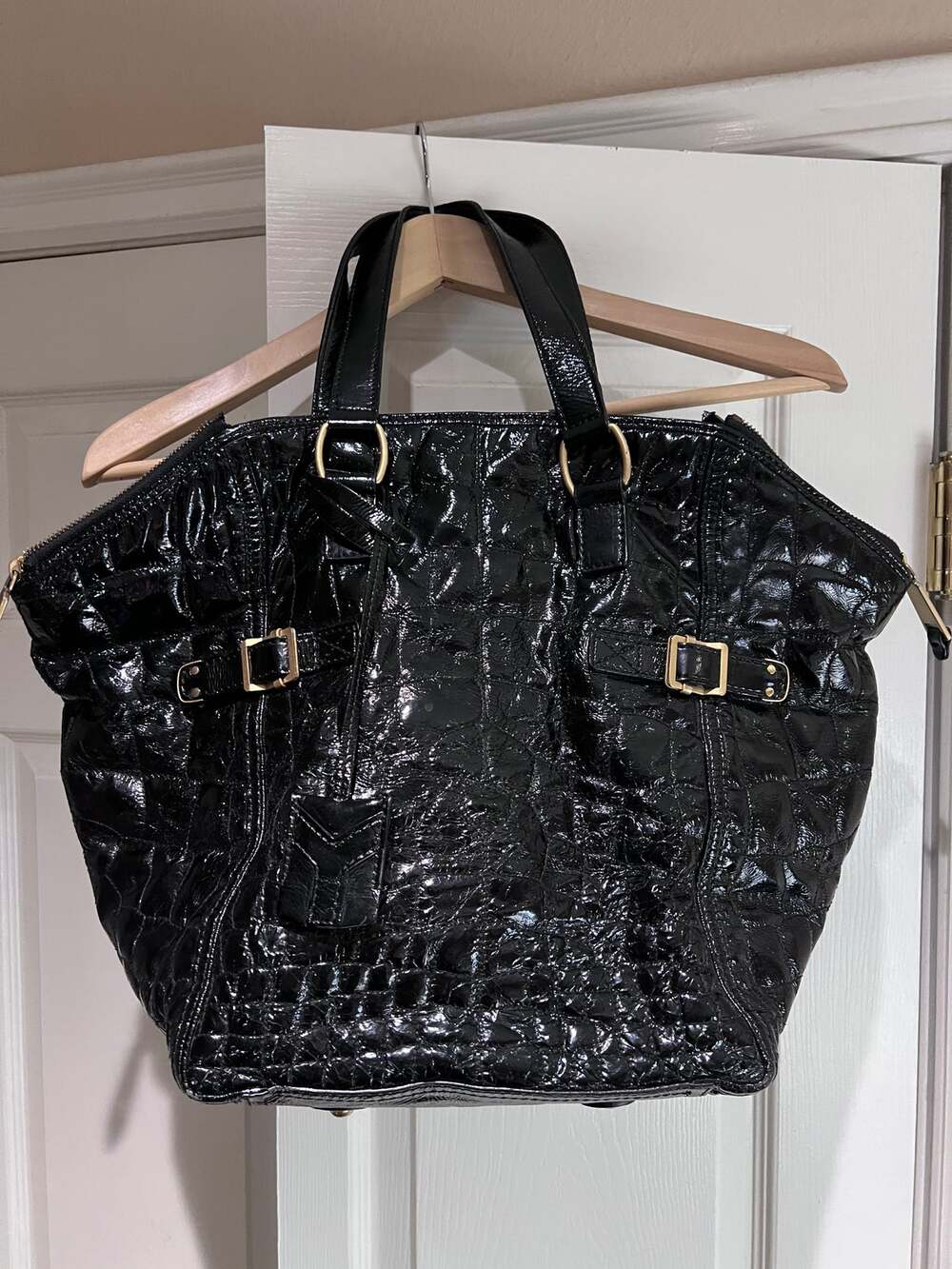 AUTH VTG 2007 YSL Downtown Large Croc Embossed Patent Leather Tote Black